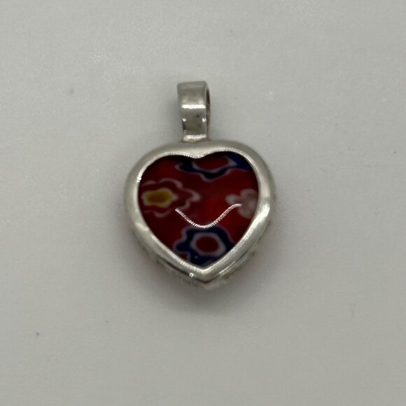 Sterling Silver Heart Pendant With Millefiori Glass Design Red Multicolor 925 - Picture 6 of 11